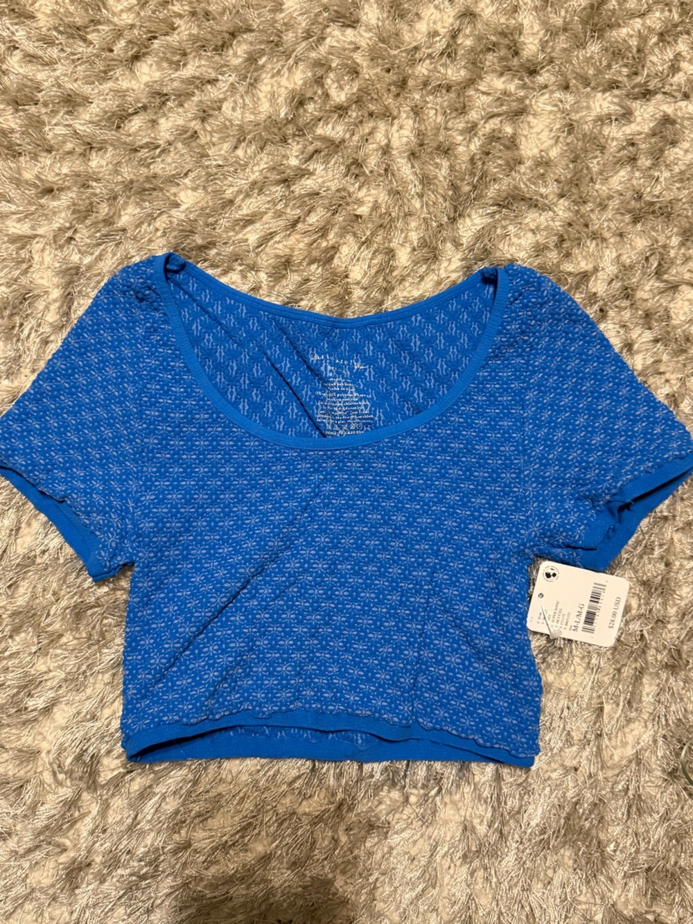Free People Love Letter Crop Baby Tee Electric Blue Textured Scoop-Neck